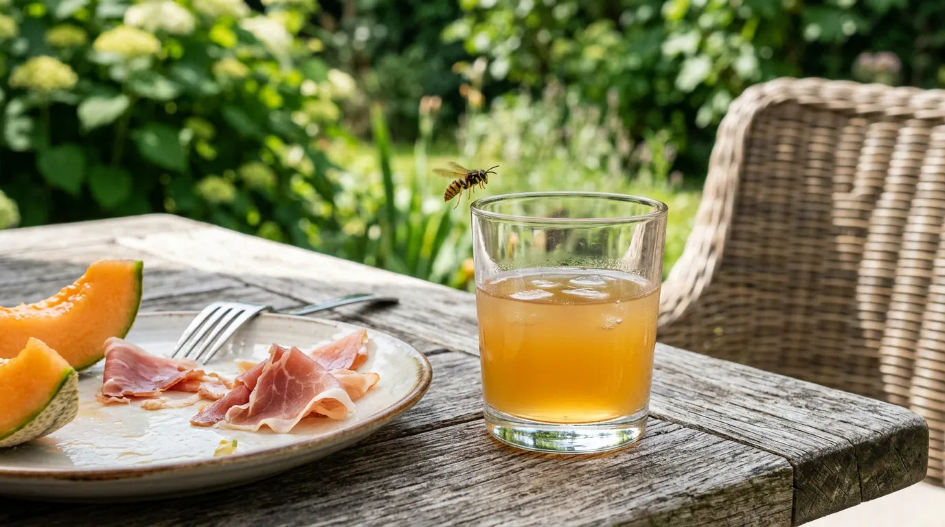 Guêpe en vol stationnaire à proximité d'un verre de jus sur une table en bois en extérieur.