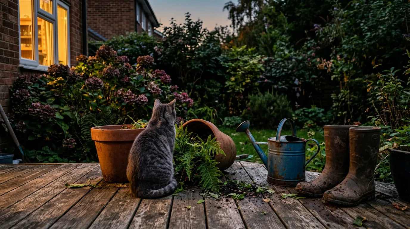 Un chat tigré assis sur une terrasse en bois à côté d'un pot de fleurs renversé et d'un arrosoir en zinc.
