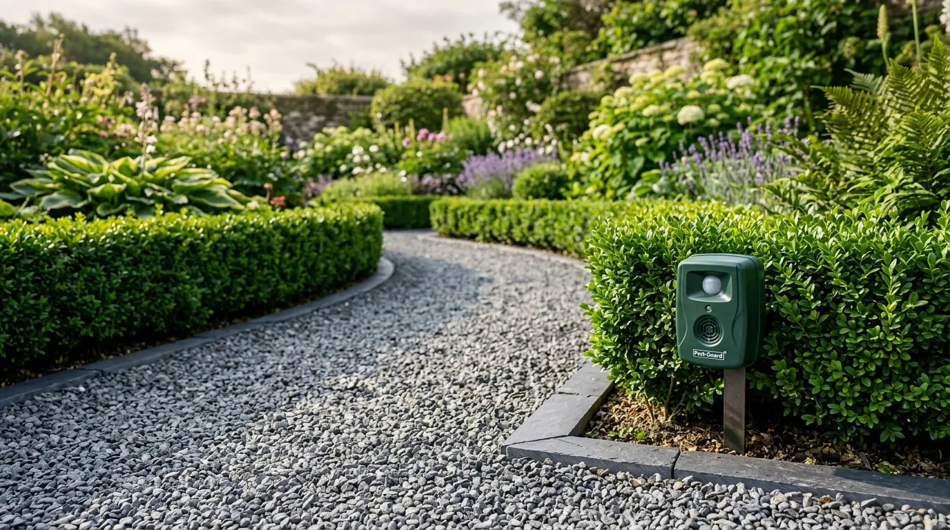 Allée de gravier propre dans un jardin avec un dispositif de dissuasion à ultrasons installé sur le bord.