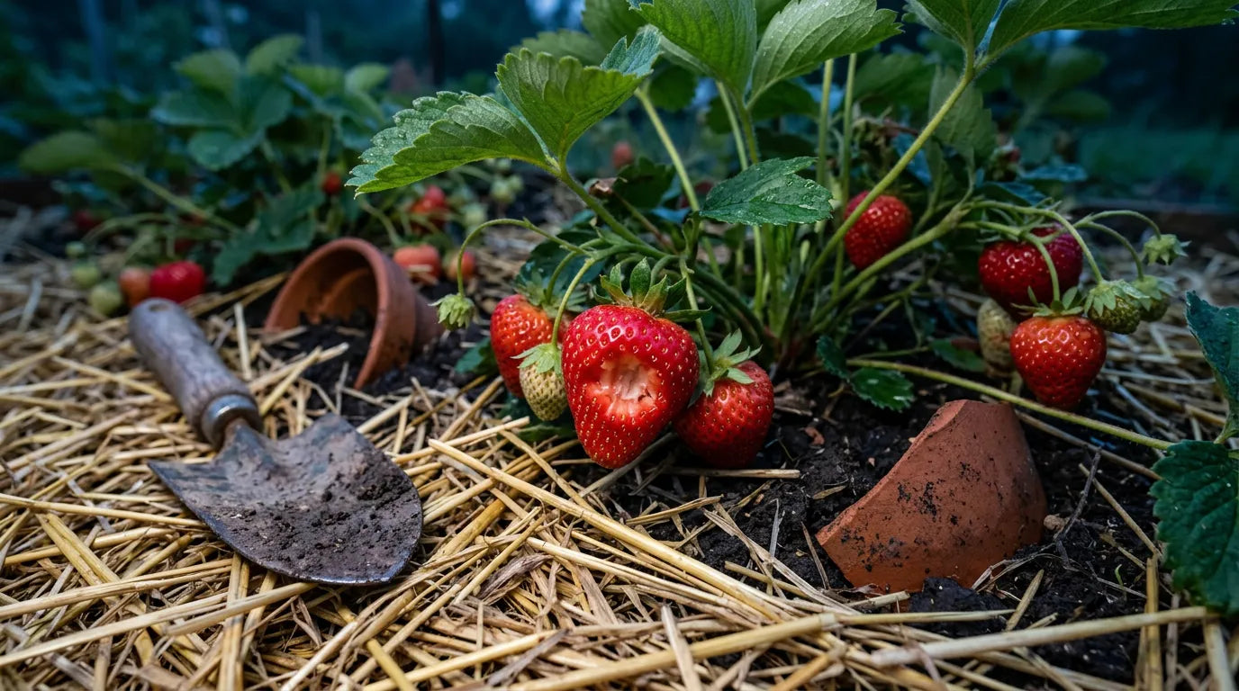 Une rangée de fraisiers avec des fraises rouges mûres dont certaines présentent des traces de morsures nettes, posées sur un paillage de paille sèche.