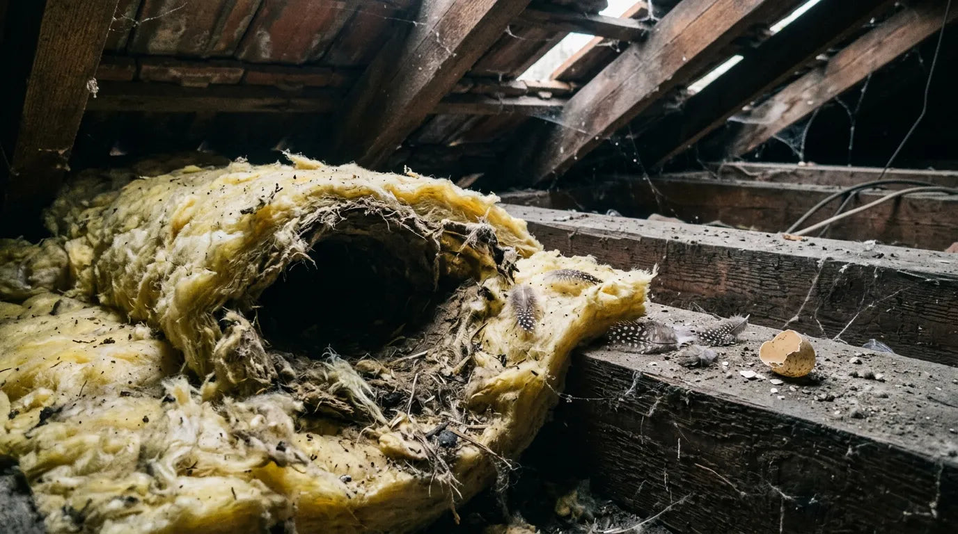 Isolation en laine de verre dégradée et creusée par un animal dans un grenier sombre.