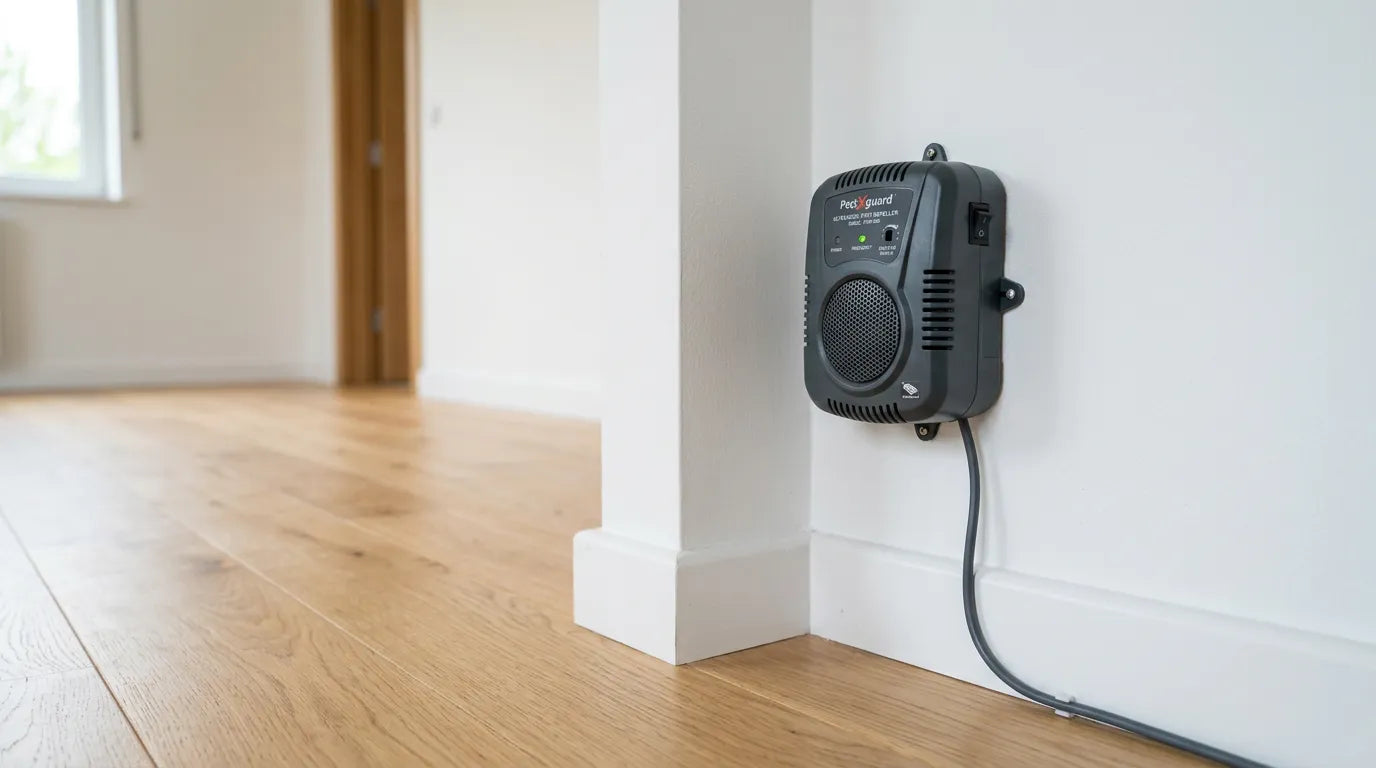 Répulsif à ultrasons installé à la bonne hauteur sur un mur dégagé pour optimiser la diffusion des ondes.