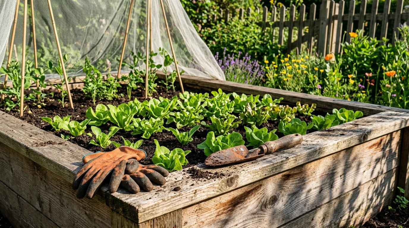Un potager en bois avec des jeunes pousses de salades vertes et des outils de jardinage posés sur le côté.