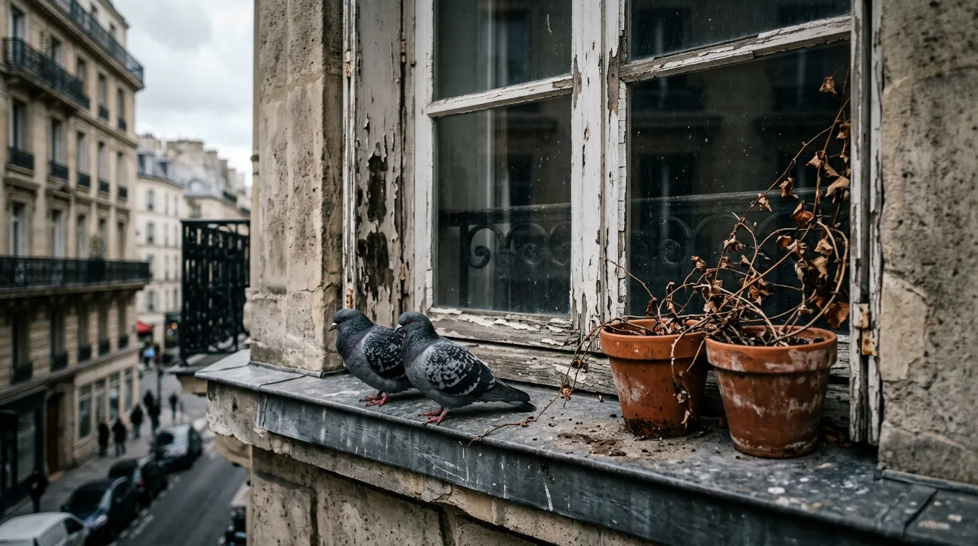 Deux pigeons gris posés sur un rebord de fenêtre en zinc avec des traces de pollution et des pots de fleurs vides à côté.