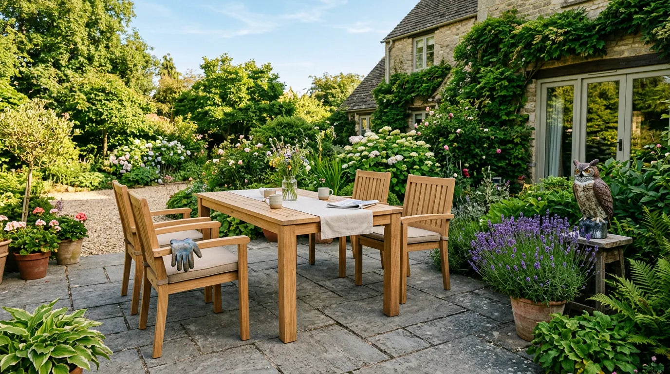 Un salon de jardin en bois protégé par un dispositif de dissuasion visuel sur une terrasse en pierre.