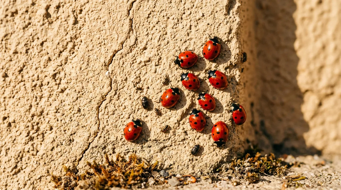 Insectes se regroupant sur le crépi d'une façade de maison exposée au rayonnement solaire.