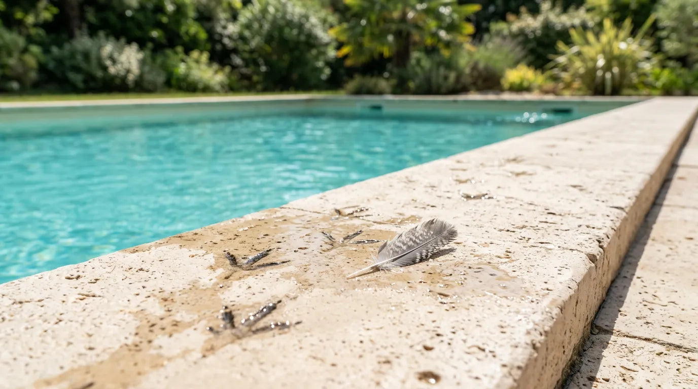 Traces de pattes humides et petite plume sur le rebord en pierre d'une piscine ensoleillée.